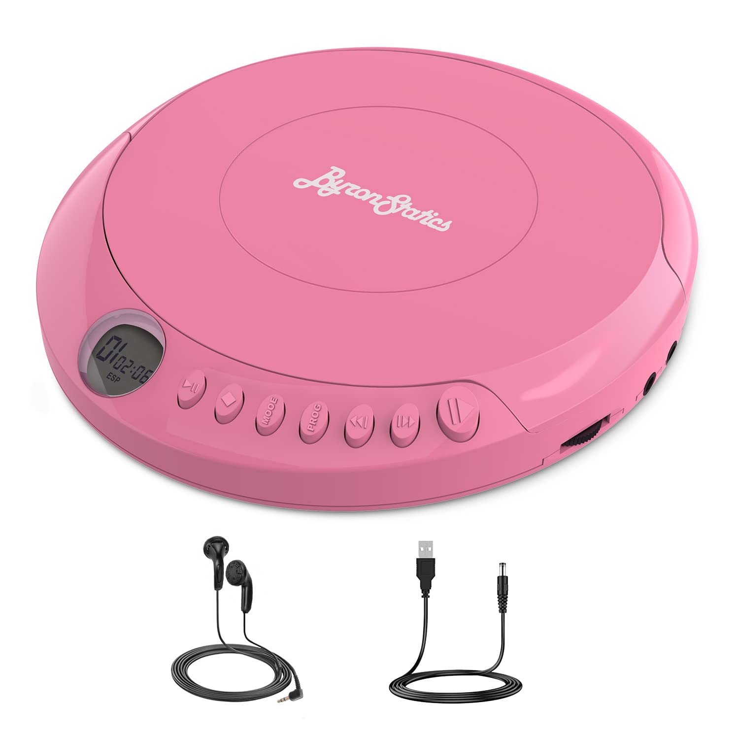 ByronStatics Portable Disc CD player, Personal Walkman Music Anti-Skip Shockproof Protection, Lightweight, Headphones Jack, Powered DC or 2XAA Battery - Pink