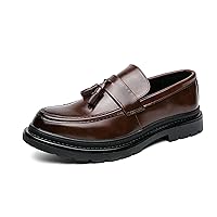 Men's Leather Tassel Platform Slip on Loafers Luxury Round Toe Lug Sole Non-Slip Dress Shoes Casual Low Block Heel Business Work Office Shoes