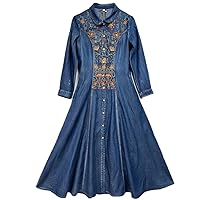 Women Long Mid-Calf Full Sleeve Denim Autumn Dresses Chinese Style Embroidery Single Breasted Dress