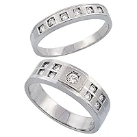 Sterling Silver 2-Piece His 7 mm & Hers 4 mm Wedding Ring Set CZ Stones Rhodium Finish, Ladies Sizes 5-10, Mens Sizes 8-14