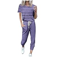 2 Piece Tracksuits Sets Women Irregular Striped Outfits Summer Short Sleeve Shirts and Drawstring Pant with Pockets