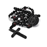 Black Crystal Pave Round Beads Cross Rosary Men Bold Chain Necklace 37”