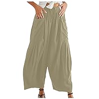 Womens Plus Size Linen Wide Leg Pants Drawstring Elastic Waist Harem Palazzo Pants Casual Baggy Beach Cropped Pants