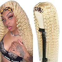 14 Inch #613 Blonde Human Hair Headband Wig Curly Wave Wig 150% Density Brazilian Remy Hair Machine Made Headband Half Wigs Honey Blonde Human Hair None Lace Front Wigs for Black Women