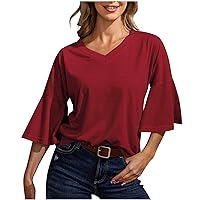 Womens Tops Dressy Casual Fashion Solid Color Bell Sleeve Summer Loose Short Sleeve V-Neck Pullover Blouses Tee Shirt