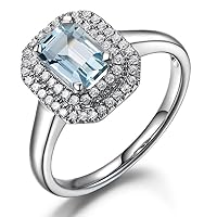 Vintage Antique Natural Blue Aquamarine Wedding Engagement Diamond for Fashion Women Band Ring Solid 14K White Gold
