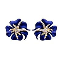 Gold Color Flower Stud Earrings for Woman Full Rhinestone Navy Blue/Red Earrings Sea Starry Night Bloom Earrings