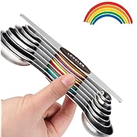 Magnetic Measuring Spoons Set of 8 Stainless Steel Double Sided Teaspoon/Tablespoon for Dry Liquid Ingredients Fits in Spice Jars, Colorful Nesting Measuring Set+Leveler Kit for Cooking Baking