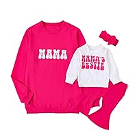 Omkzanbi Mommy and Me Matching Outfit Mama & Mama's Bestie Sweatshirt Flared Pants Valentines Mother's Day Gifts Clothes Set