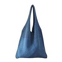Knitted Handbags for Women Large Capacity Totes Female's Pack Beach Bag Ladies Casual Hollow Out Woven Shoulder Bags (Dark Blue)