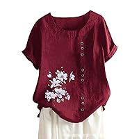 Women Cotton Linen Crew Neck Short Sleeve Tunic, Summer Dressy Tee Shirts Tops Loose Fit, Comfy Linen Blouse for Women