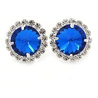 Sapphire Blue/Clear Round Cut Acrylic Bead Stud Earrings In Silver Tone - 20mm D