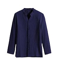 Linen Shirts Men Clothing Chinese Style Long Sleeve Retro Buttoned Shirt Solid Stand-Up Collar Loose Tops