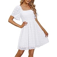 Womens Summer Square Neck Somecked Mini Dress Flutter Sleeve Swiss Dot Flowy Casual Babydoll Dresses