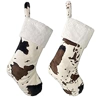 20 inches Cow Print Christmas Stocking with White Cuff, 2 Pack Plush Faux Fur Xmas Stockings for Rustic Fireplace Mantel Tree Hanging Decoration