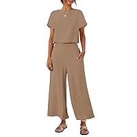 ZESICA Women's 2 Piece Outfits Linen Short Sleeve Crop Top and High Waist Pants Lounge Matching Set 2024 Trendy Clothes