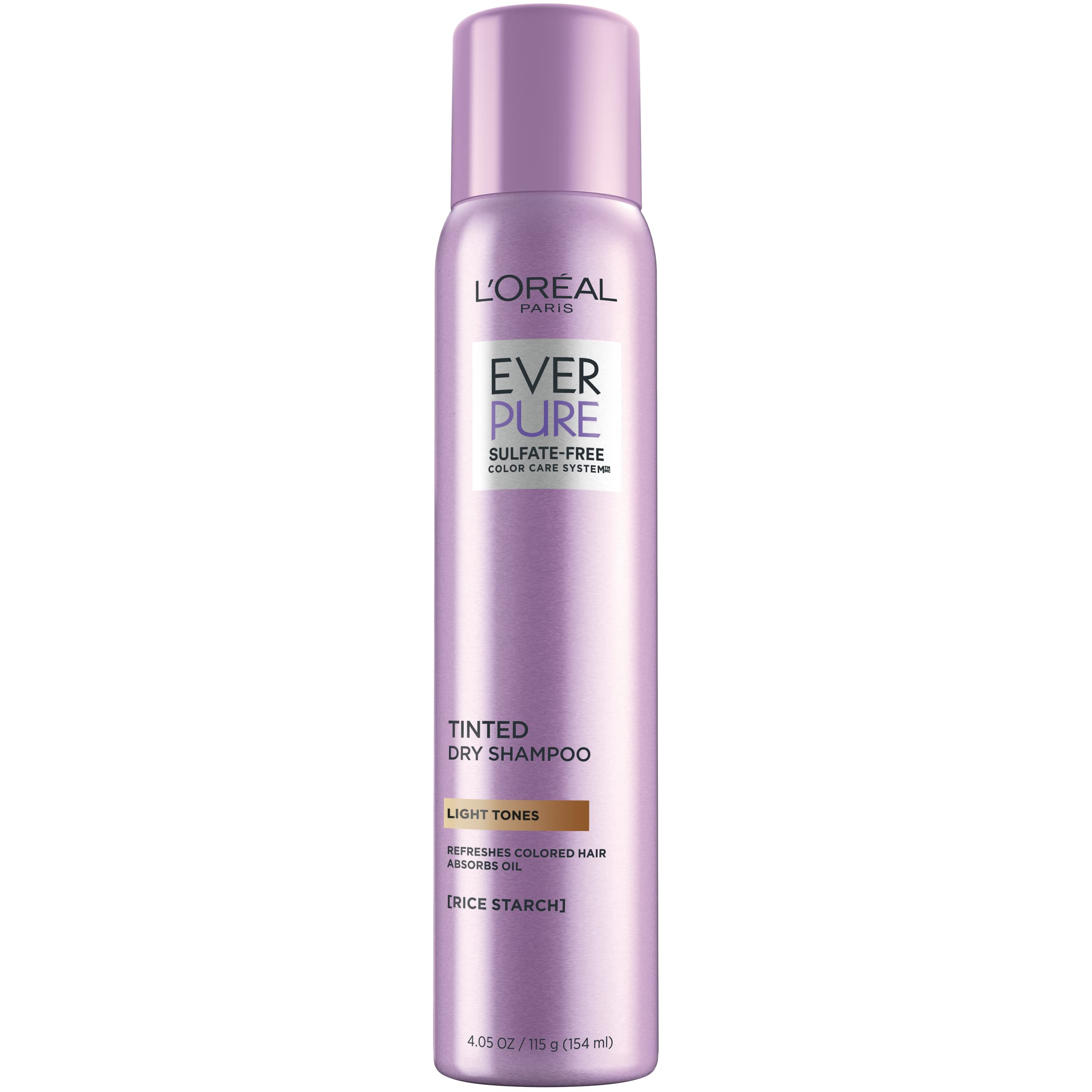 L'Oreal Paris EverPure Sulfate Free Tinted Dry Shampoo for Light Hair, for Blonde Hair, Absorbs Oil, Refreshes Colored Hair, with Rice Starch, Vegan Formula, Paraben Free, Gluten Free, 4 fl oz