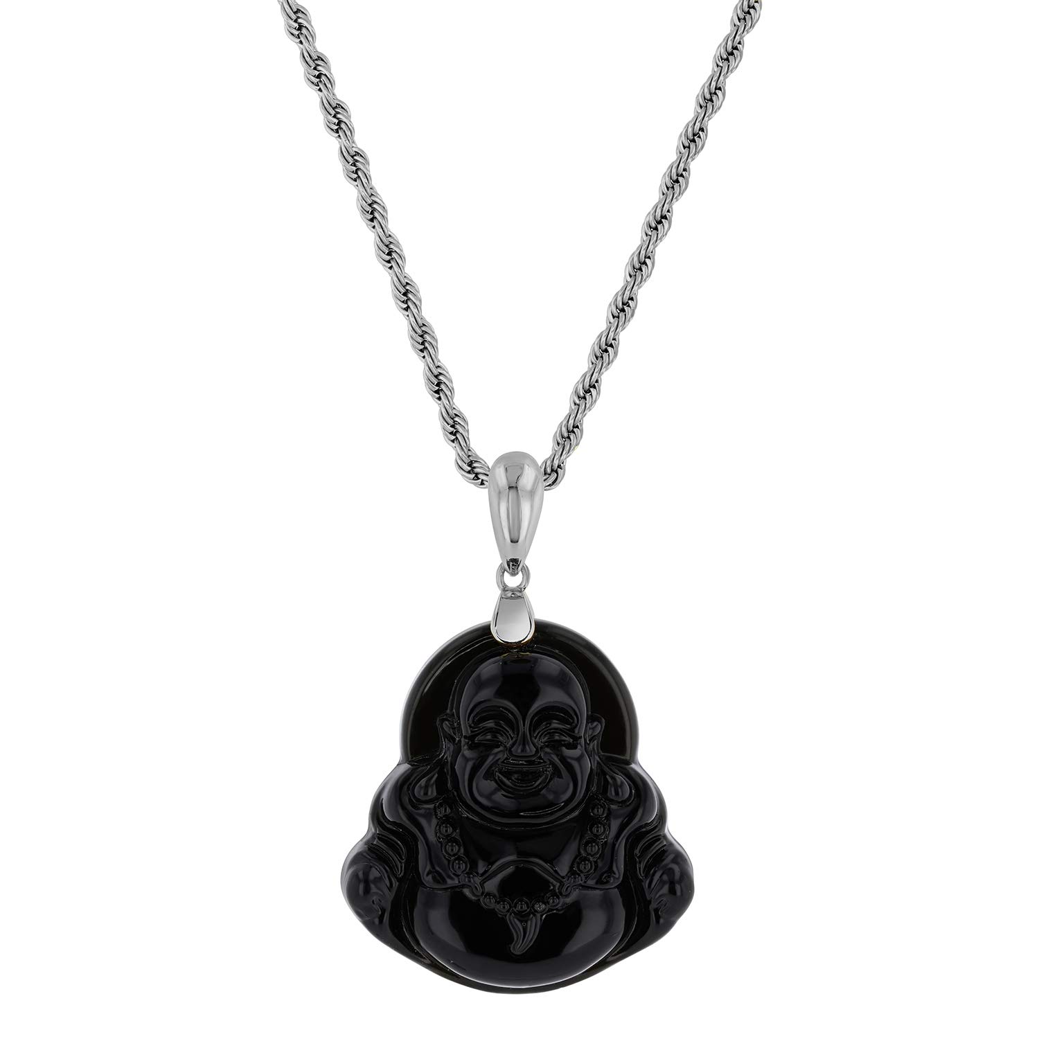 Laughing Buddha Black Jade Pendant Necklace Rope Chain Genuine Certified Grade A Jadeite Jade Hand Crafted, Jade Necklace, 14k White Gold Finish Silver Laughing Jade Buddha Necklace