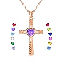 SOULMEET 18K Rose Gold Plated Birthstone Cross Necklace with Laser Diamond Cut, Glittering 1/2 Carat Heart February Cross Pendant Necklaces for Women Wife Girlfriend Mothers Day
