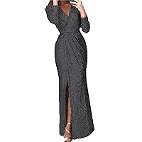 Women's Sexy Cocktail Long Dress Deep V Neck Long Sleeve Ruched Sparkly Bodycon Evening Club Mini Dresses