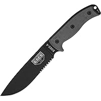 Model 6 Part Serrated Fixed Blade Knife, 5.75in, Serrated Black Textured Blade, ES-6S-KO-BK