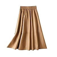 Women Casual Leather Skirt Harajuku Lazy Style A-Line Pockets Pleated Calf Long Elastic Waist Dress