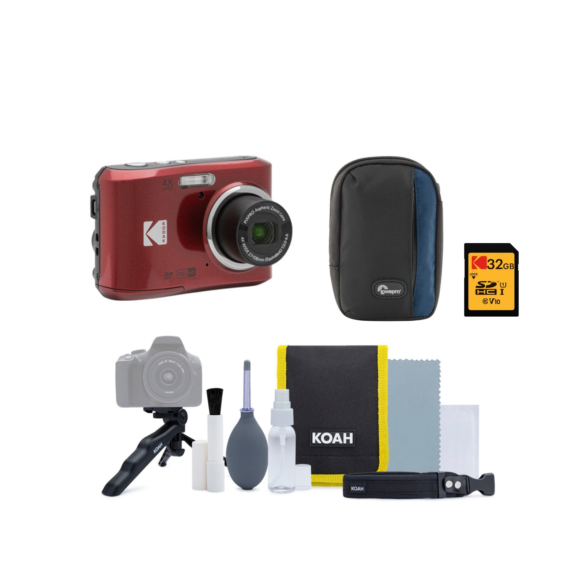 KODAK PIXPRO Friendly Zoom FZ45-WH 16MP Digital Camera with 4X Optical Zoom 27mm Wide Angle and 2.7' LCD Screen (Red) Bundle with Cleaning Kit, 32GB Memory Card, Camera Case, and Batteries (5 Items)