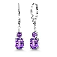 Gem Stone King 925 Sterling Silver Purple Amethyst and White Lab Grown Diamond Dangle Earrings for Women (3.53 Cttw, Oval Checkerboard 9X7MM)