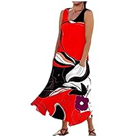 Plus Size Maxi Dress Casual Comfortable Floral Print Sleeveless Cotton Pocket Dress