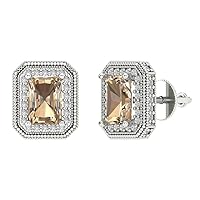 3.98 ct Emerald Cut Halo Solitaire Yellow Moissanite Conflict Free Pair of Solitaire Stud Screw Back Earrings 18K White Gold