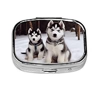 Adorable Huskies Pill Box 3 Compartment Metal Pill Case for Purse & Pocket Portable Medicine Organizer Mini Travel Pillbox Weekly Pill Container
