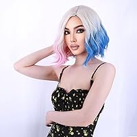 Ombre Blonde Pink And Blue Wig Short Curly Wavy Hair Wig for Women Side Part Wig Short Bob Wig Multi-color Wig Heat Resistant Synthetic Hair Wigs for Daily Use Cosplay Wig With Wig Cap