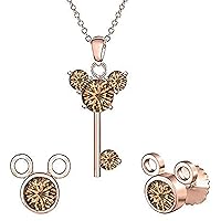 Created Round Cut Smoky Quartz Gemstone 925 Sterling Silver 14K Rose Gold Over Diamond Mickey Mouse Key Stud Earring Pendant Necklace Jewelry Set for Women's & Girl's