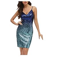 Women Gradient Sequin Spaghetti Strap Prom Dress Sexy V-Neck Bodycon Formal Mini Dresses Evening Prom Cocktail Gown