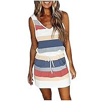 Womens 2024 Summer Striped Dress Casual Sleeveless Mini Sundress V Neck Beach Short Dress Drawstring Tunic Dress with Pocket