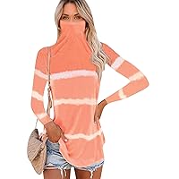 EFOFEI Womens Tie Dye Mask Attached Turtle Neck Tops Long Sleeve Shirts Plus Size Blouses