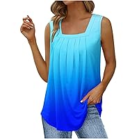 Tanks For Women Trendy Loose Ladies Square Neck Tank Top Sleeveless Pleated Tunic Tops For Women Hide Belly Summer Shirts Gradient Tanks Vest Tank Top For Women Workout