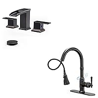 Waterfall Bathroom Faucet Set and Kitchen Faucet with Pull Down Sprayer, 3-Function Pull Out Kitchen Sink Faucets, Oil Rubbed Bronze