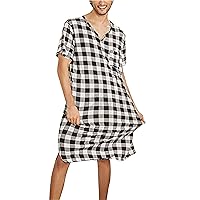 Men Nightshirt Cotton Blend Plaid Short Sleeve V-Neck Nightwear Pyjamas Sleepwear Soft Loose Lounge Wear Henley Sleep Shirt