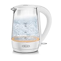 BELLA 1.7 Liter Glass Electric Kettle, Quickly Boil 7 Cups of Water in 6-7 Minutes, Soft Orange LED Lights Illuminate While Boiling, Cordless Portable Water Heater, Carefree Auto Shut-Off, White
