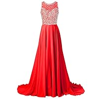 Chiffon Long Prom Dresses with High Neck & Beaded Mesh Bodice (31 Colors)