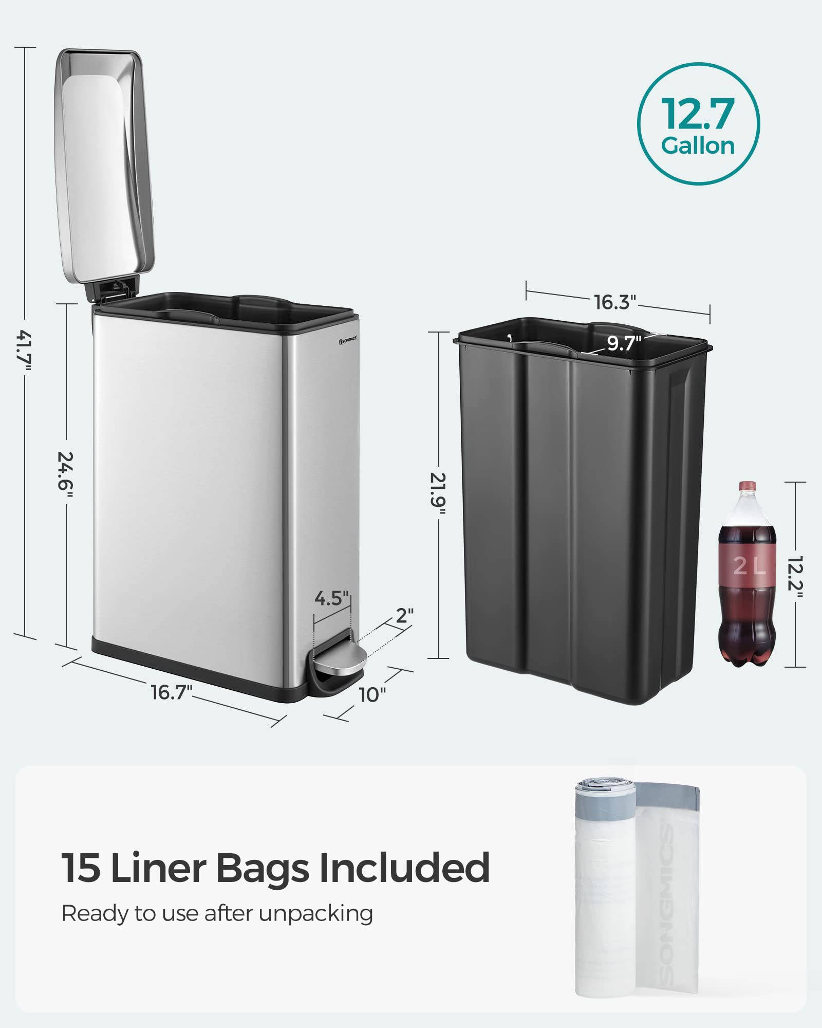 SONGMICS Slim Trash Can, 12.7 Gallon Garbage Can for Narrow Spaces with Soft-Close Lid, Inner Bucket, and Step-on Pedal, Stainless Steel, 15 Trash Bags Included, Silver ULTB510E48