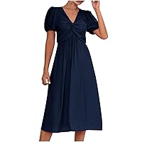 Women Twisted Front V Neck Belly Hide A-Line Dress Summer Puff Short Sleeve Casual Fashion Solid Color Mid Dresses