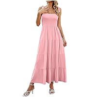 Women Tiered Ruffle Smocked Sleeveless Empire Waist Dress Summer Adjustable Straps Square Neck Solid Maxi Cami Dress
