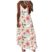 Sleeveless Sundress for Women Summer Long Casual Camping V-Neck Ruched Camisole Tops Floral Super Soft Cotton Loose Fit Sundress Woman Blue