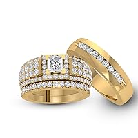 Trio Ring Set 14k Yellow Gold Over 3-Piece Wedding His Engagement Her Band Rings Sets Round Cubic Zirconia CZ for Couple Men's and Women NRG25151-YG