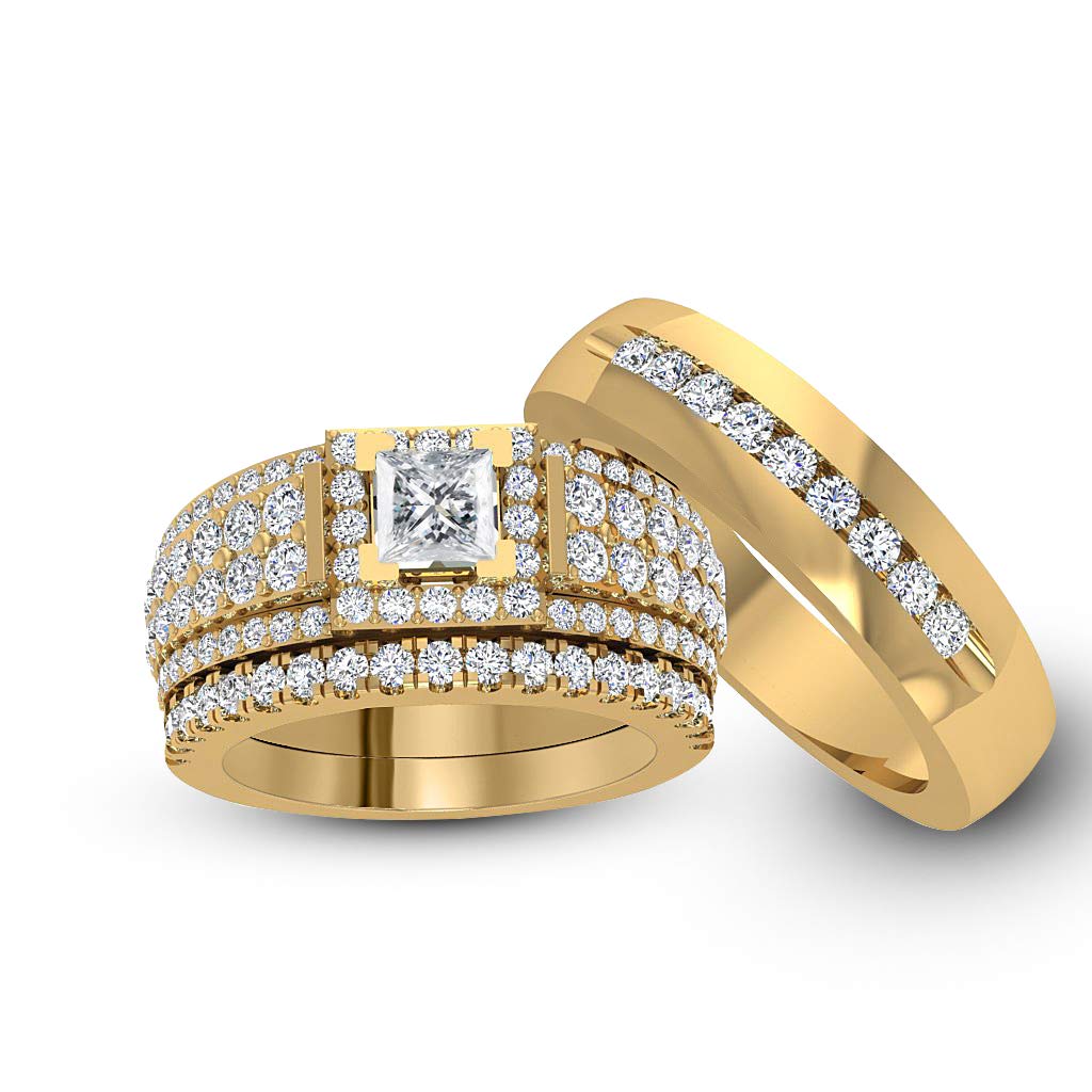 SAN Collection Trio Ring Set 14k Yellow Gold Over 3-Piece Wedding His Engagement Her Band Rings Sets Round Cubic Zirconia CZ for Couple Men's and Women NRG25151-YG