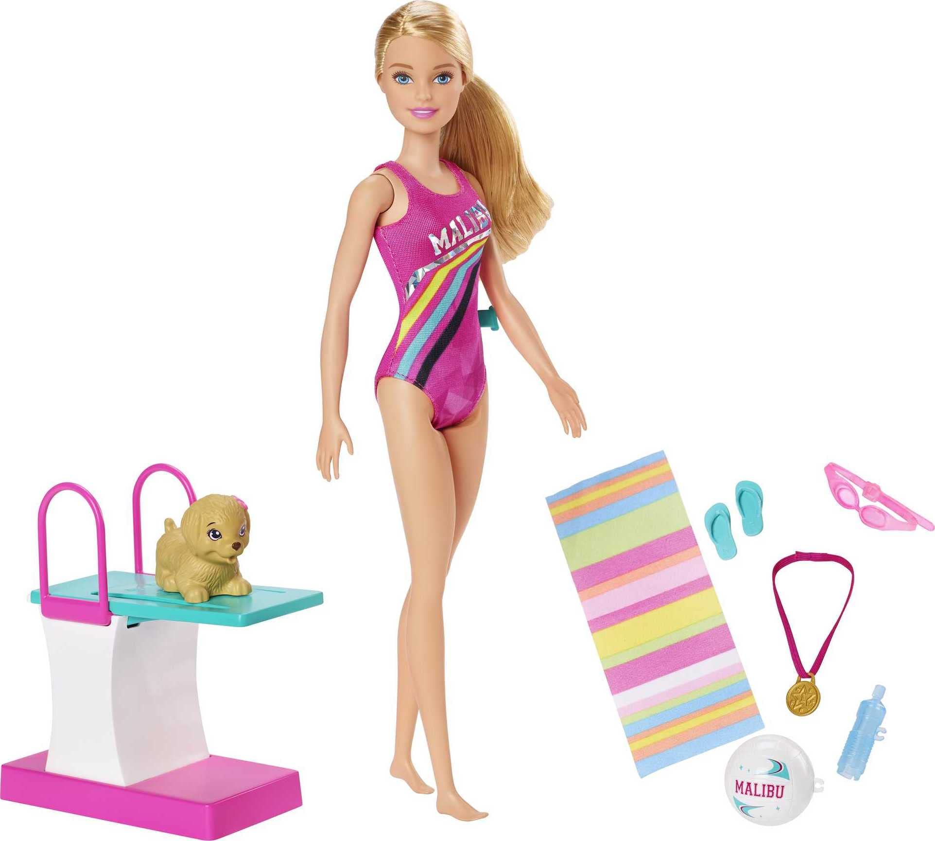 Barbie Dreamhouse Adventures Swim 'n Dive Doll, 11.5-Inch, in Swimwear, with Swimming Feature, Diving Board and Puppy, Gift for 3 to 7 Year Olds