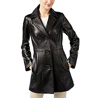 Women's Leather Trench Coat Black Mid Length Coat Ladies Classic Jacket Coat
