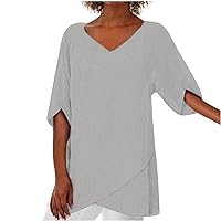 Women Crinkle Half Sleeve Tunic Tops Cotton Linen Cross Hem Fashion Casual Loose Blouses Summer Vneck Solid T-Shirts